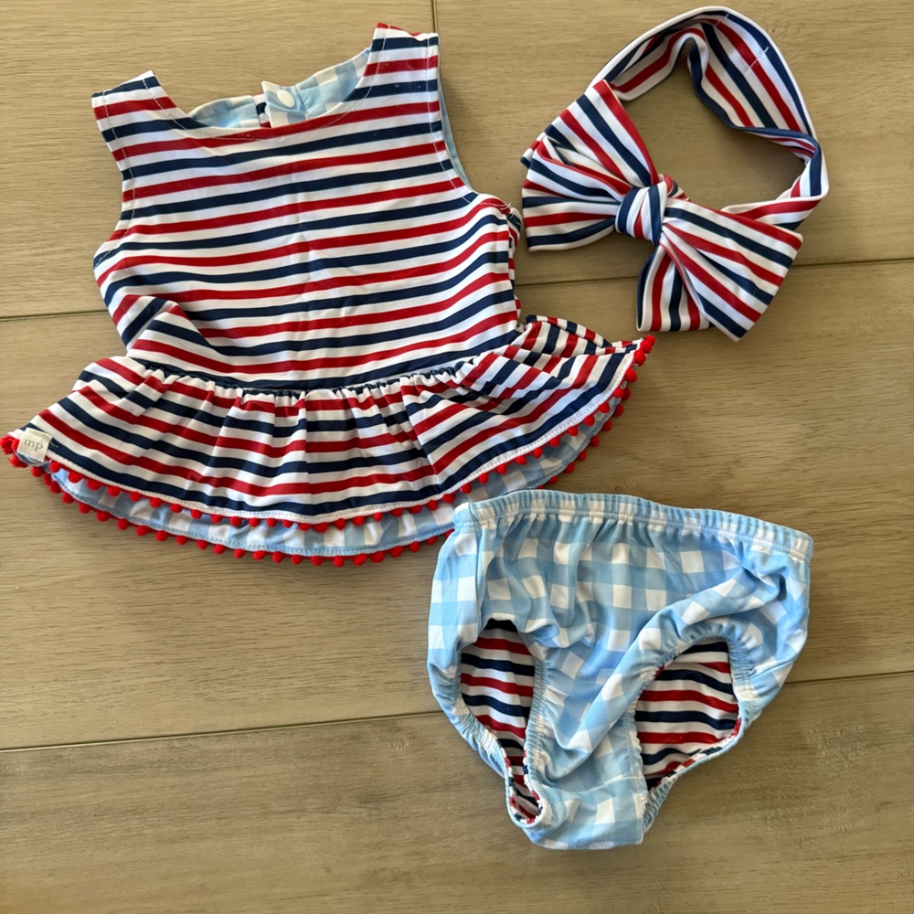 Mud Pie Reversible Americana Red White and Blue Tankini Set and Headband